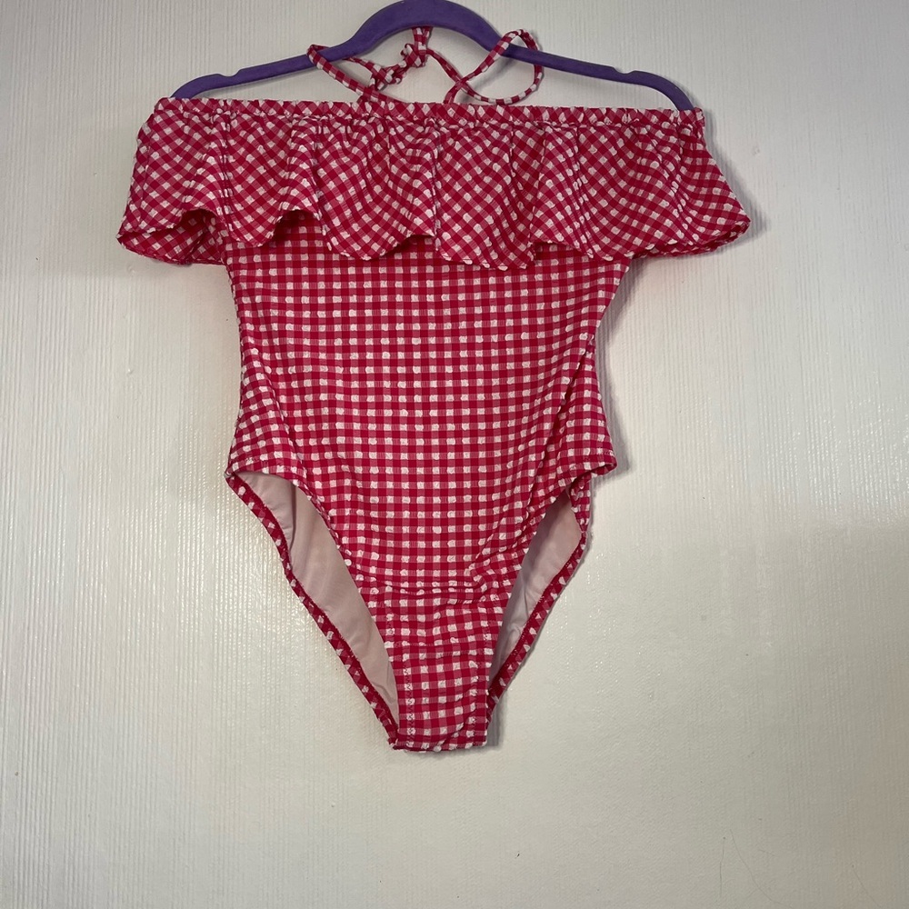 J. Crew Red and White Gingham Off-Shoulder One-Piece Swimsuit